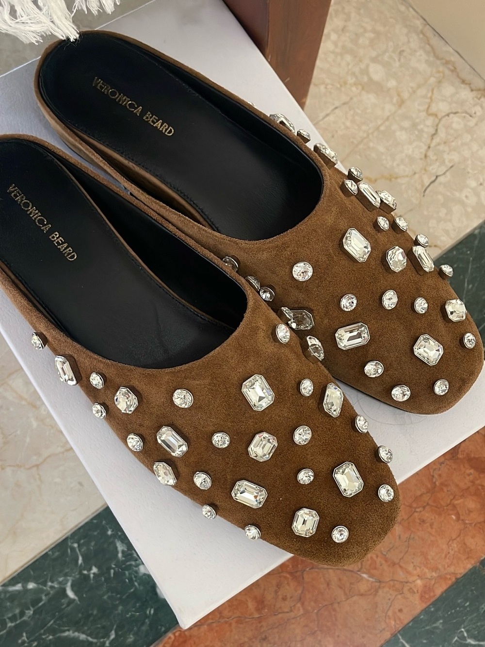 Veronica Beard Brown Suede Jeweled Diamond Mules Shoes size 9.5